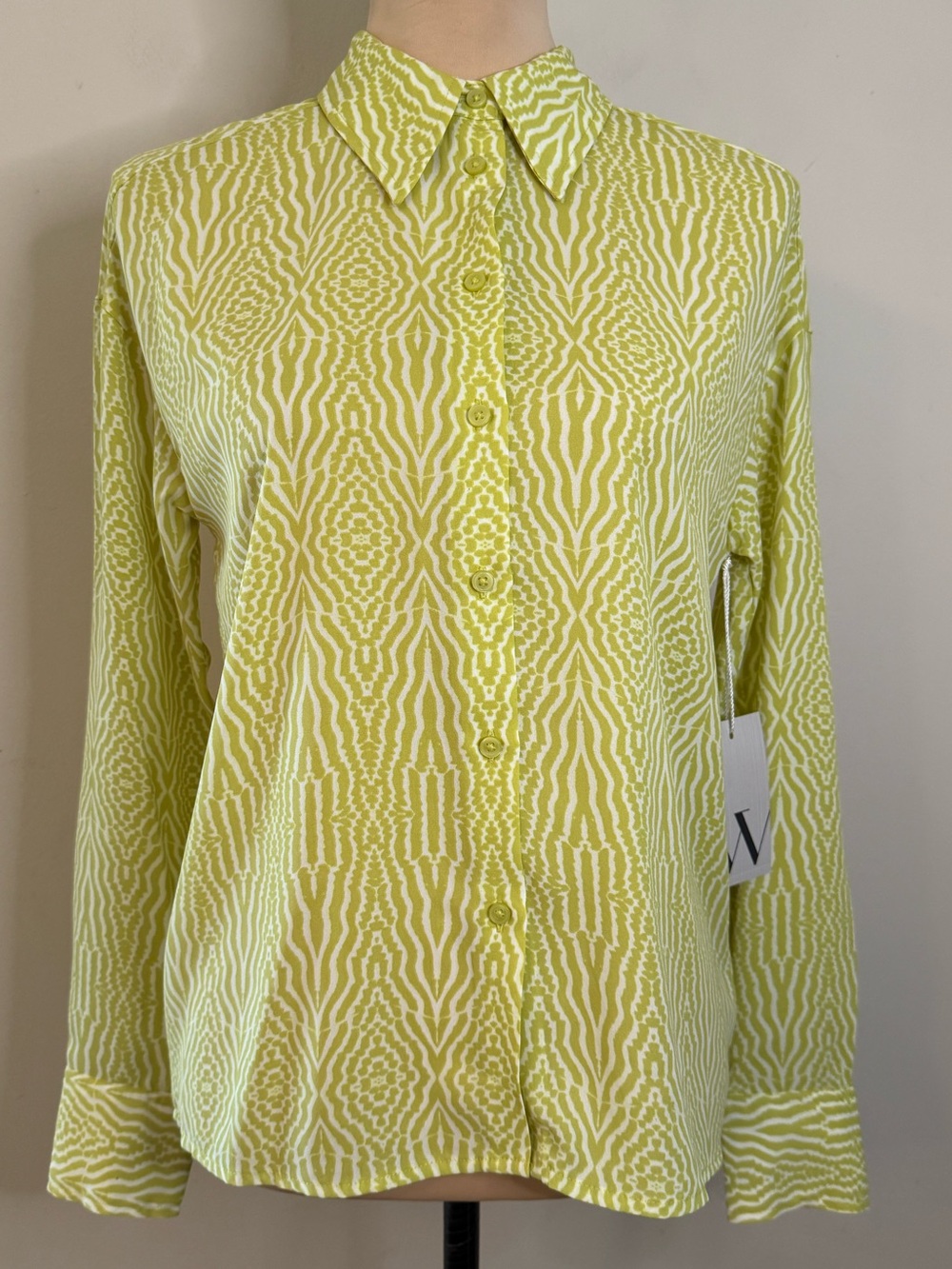 Worthington button up top long sleeves green white boho pattern SZ XS.